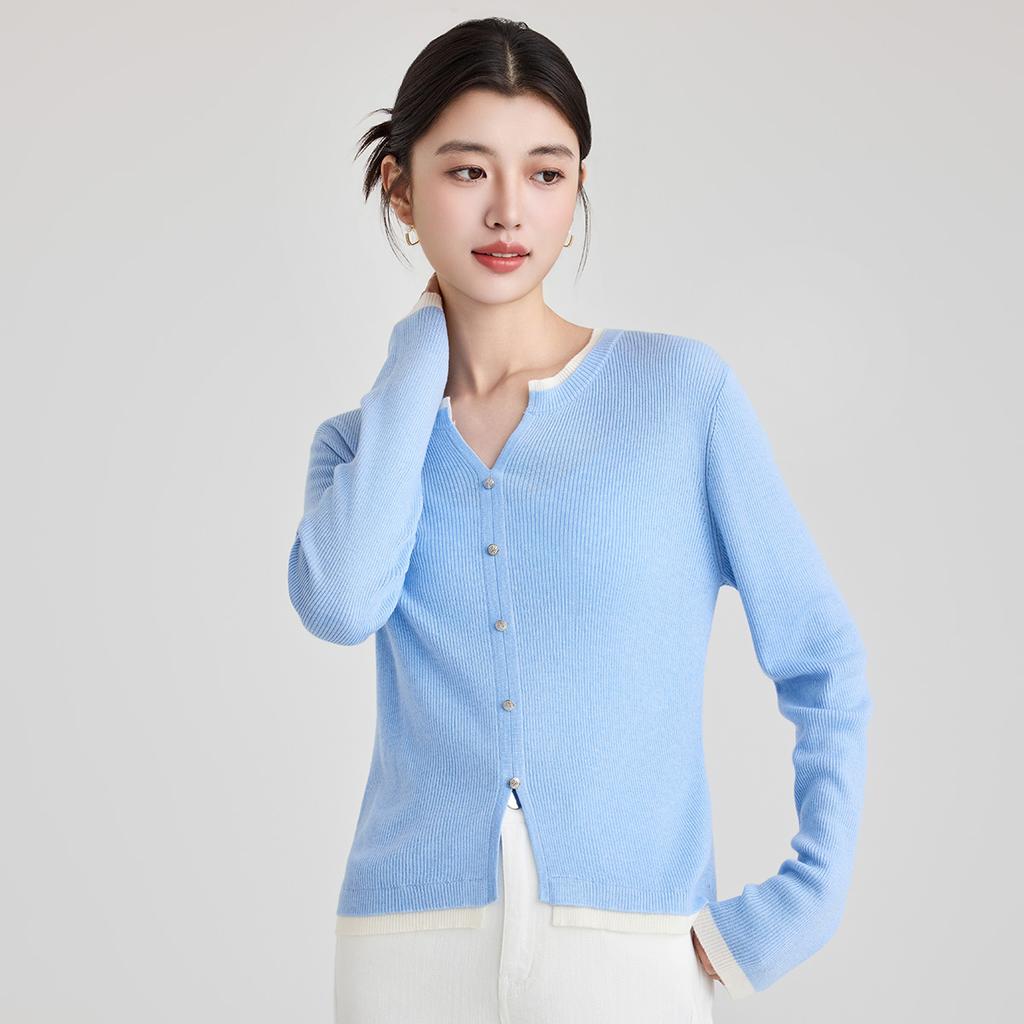 Gu Bang color blocking knitted sweater for women in 2026 Spring and Autumn new commuting design, elegant temperament, slimming cardigan jacket