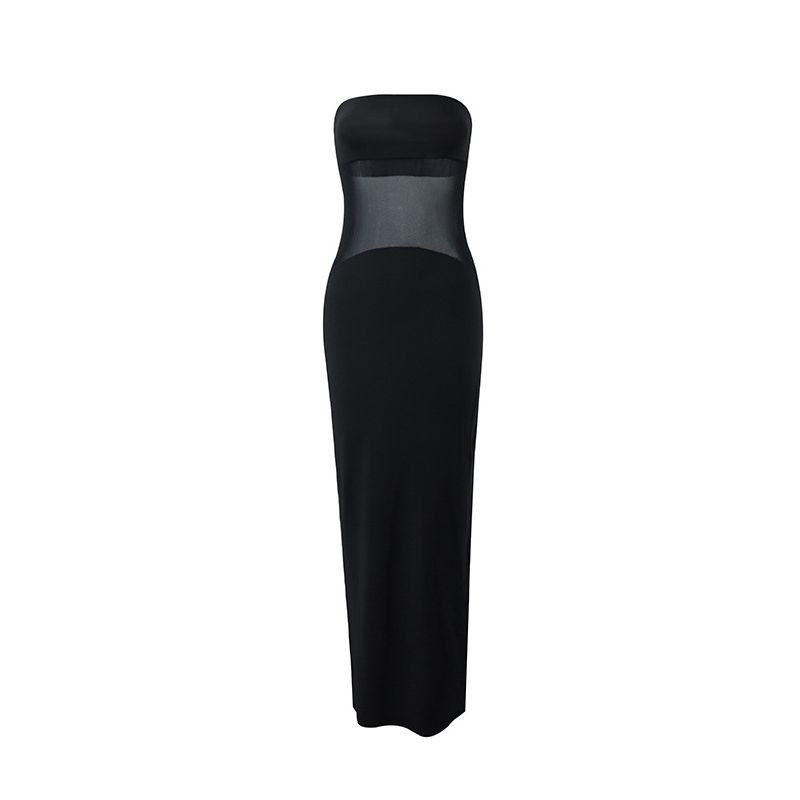 Outfitgirl Elegant Sexy Women's Black See-through Mesh Patchwork Party Tube Top Tight S-Curve Dress