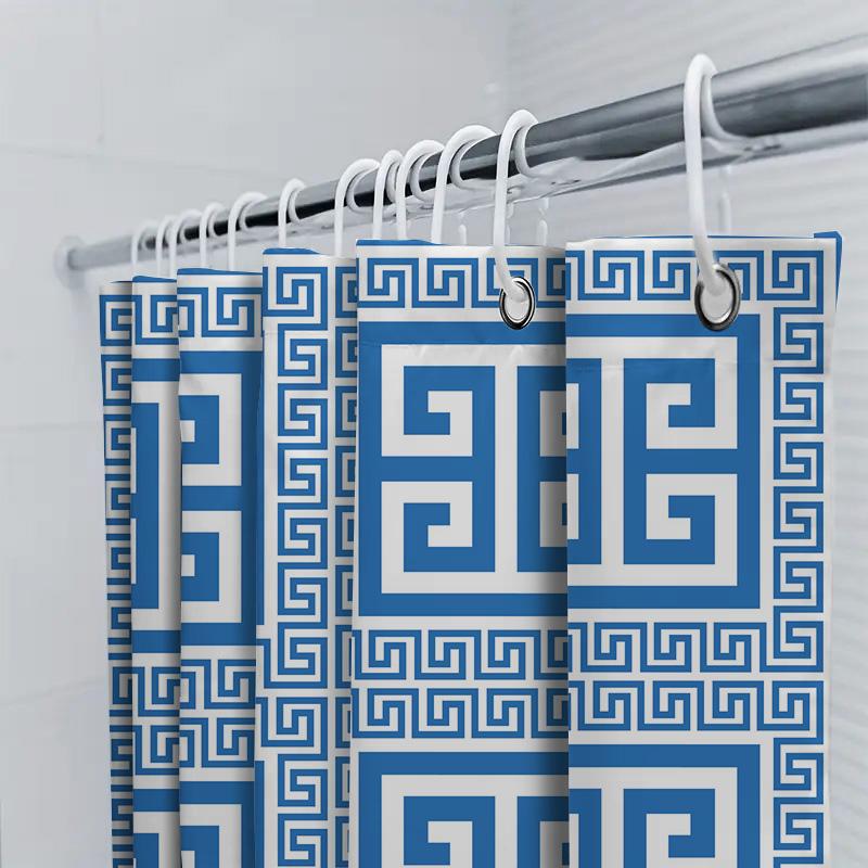 Modern Bathroom Shower Curtain Made Of Polyester Fabric With Blue Geometric Patterns For Waterproof Protection In The Bathtub Ar