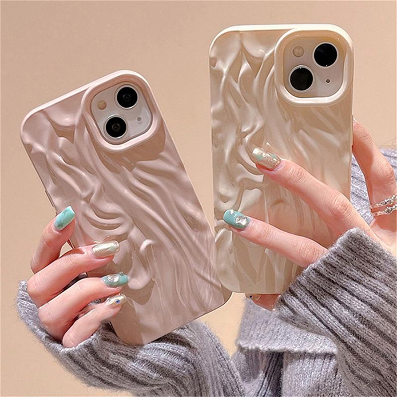 Korean Aesthetic Glossy Origami Texture Glitter Case For Iphone 14 13 12 11 Pro Max Cute Plain Wavey Shockproof Soft Cover Funda