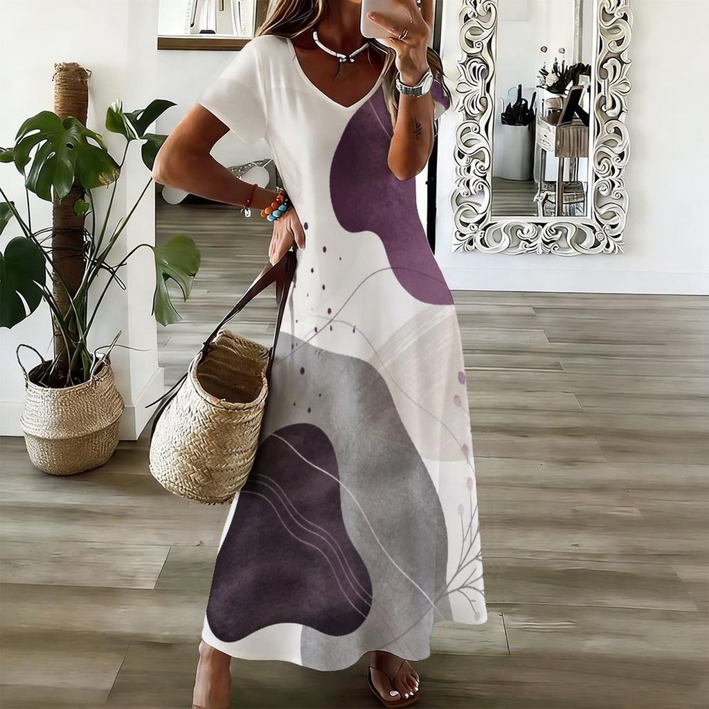 Women Plus Size V Neck Short Sleeve Printed Straight Long Dress