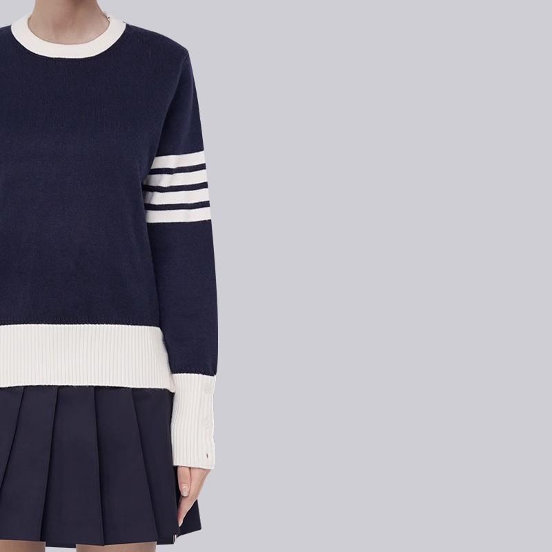 TB Knitted Sweater Women's New Autumn and Winter Same Style Couple's Color Collision Loose College Style Color Blocked Round Neck
