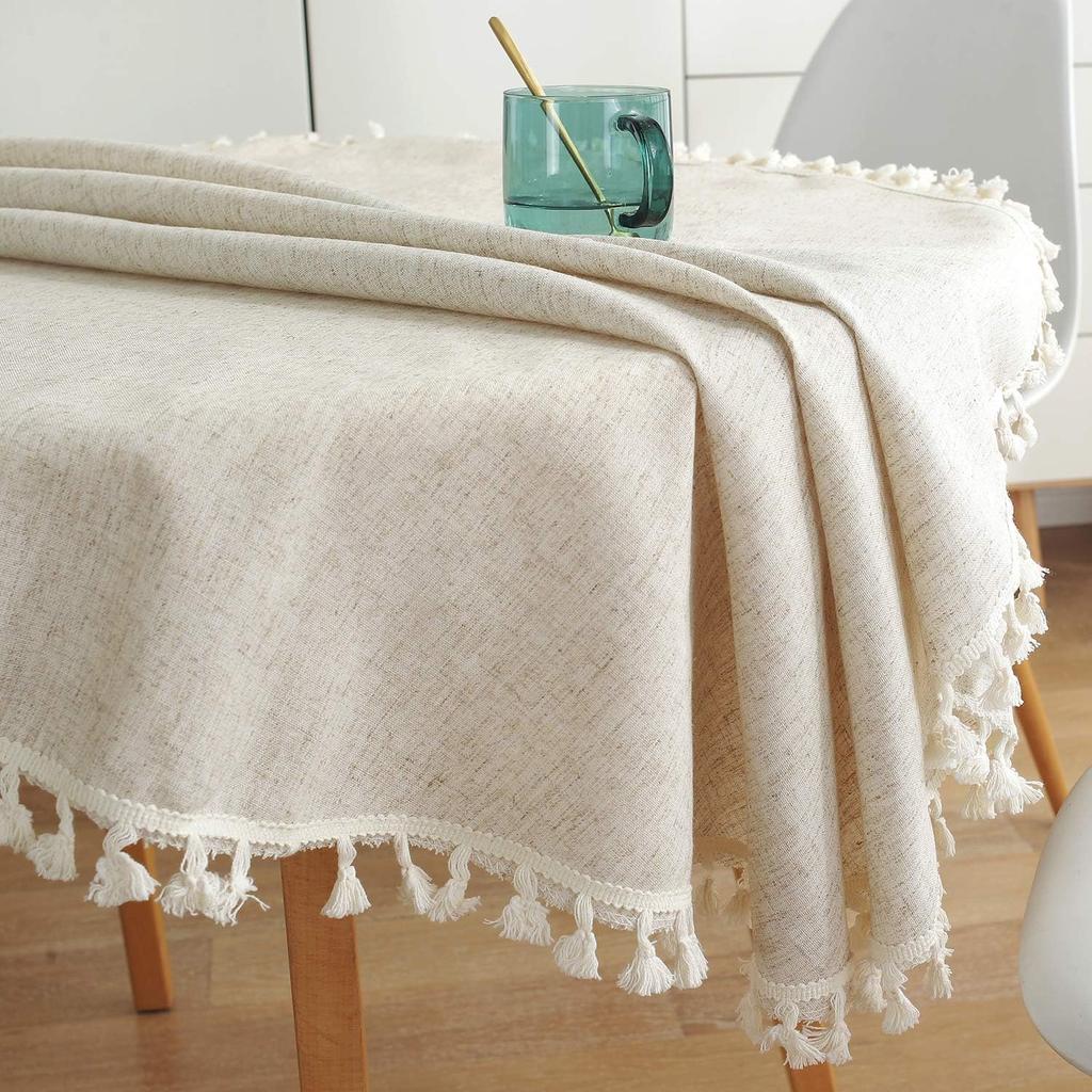 Round Tablecloth Cotton Linen Tassel Table Cover For Kitchen Dinner Table Decora Solid Color Dust-Proof Shrink-Proof Tablecloth