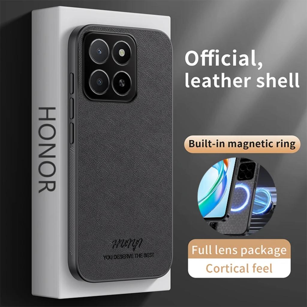 Huawei Honor X5b Plus için Deri Magsafe Kılıf Araç Manyetik Tutucu Kablosuz Şarj Silikon Sert Telefon Kapağı HonorX5bPlus Kılıf