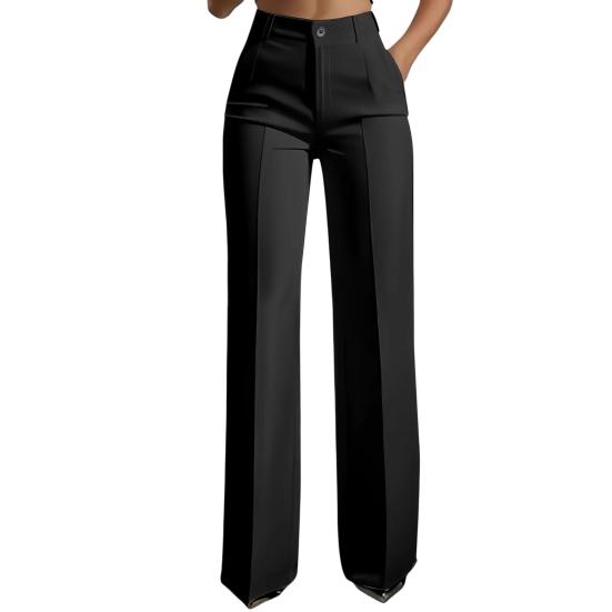 Women Pants High Waist Straight Wide Leg Suit Trousers with Side Pockets Pure Color