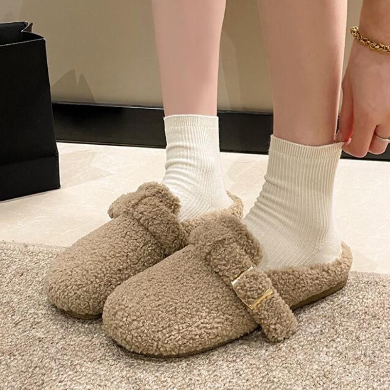Fashion Fur Slippers Women New Mules Shoes Flats Suede Short Plush Shoes 2025 Winter Woman Sneakers Fashion Flip Flops Slingback Slides