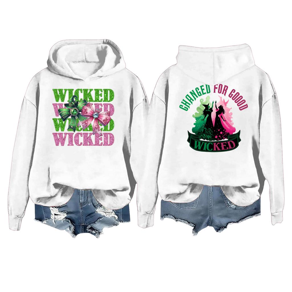 Women's Casual Long Sleeve Pullover Witch Print Hooded Sweatshirt
