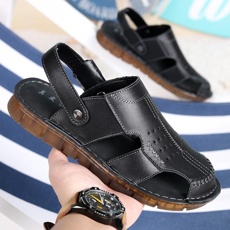 Summer new men's first-layer cowhide bag head sandals outdoor casual leather beach shoes men's breathable platform slippers