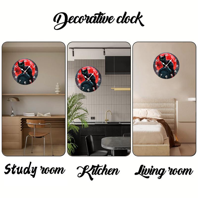 Cat Under Blood Moon Wooden Round Silent Hanging Wall Clock,Suitable For Living Room,Office,Study Room,Bedroom,Home Decoration