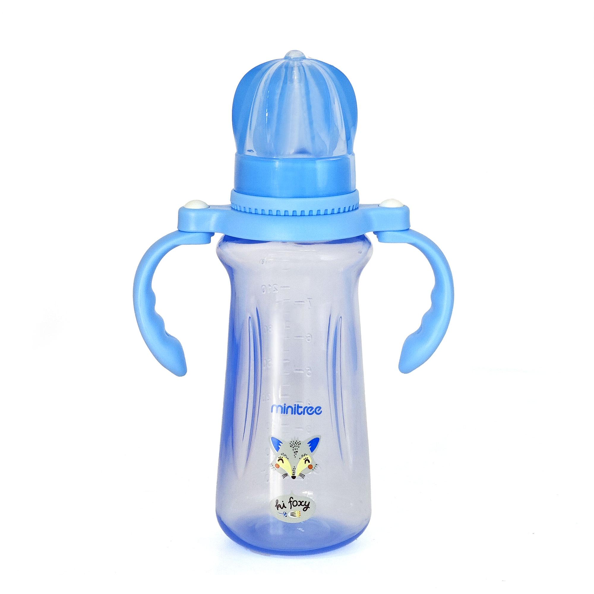 

Cartoon pattern baby PP baby bottle, large diameter baby bottle with handle, unique crown shape cap, handle foldable синій