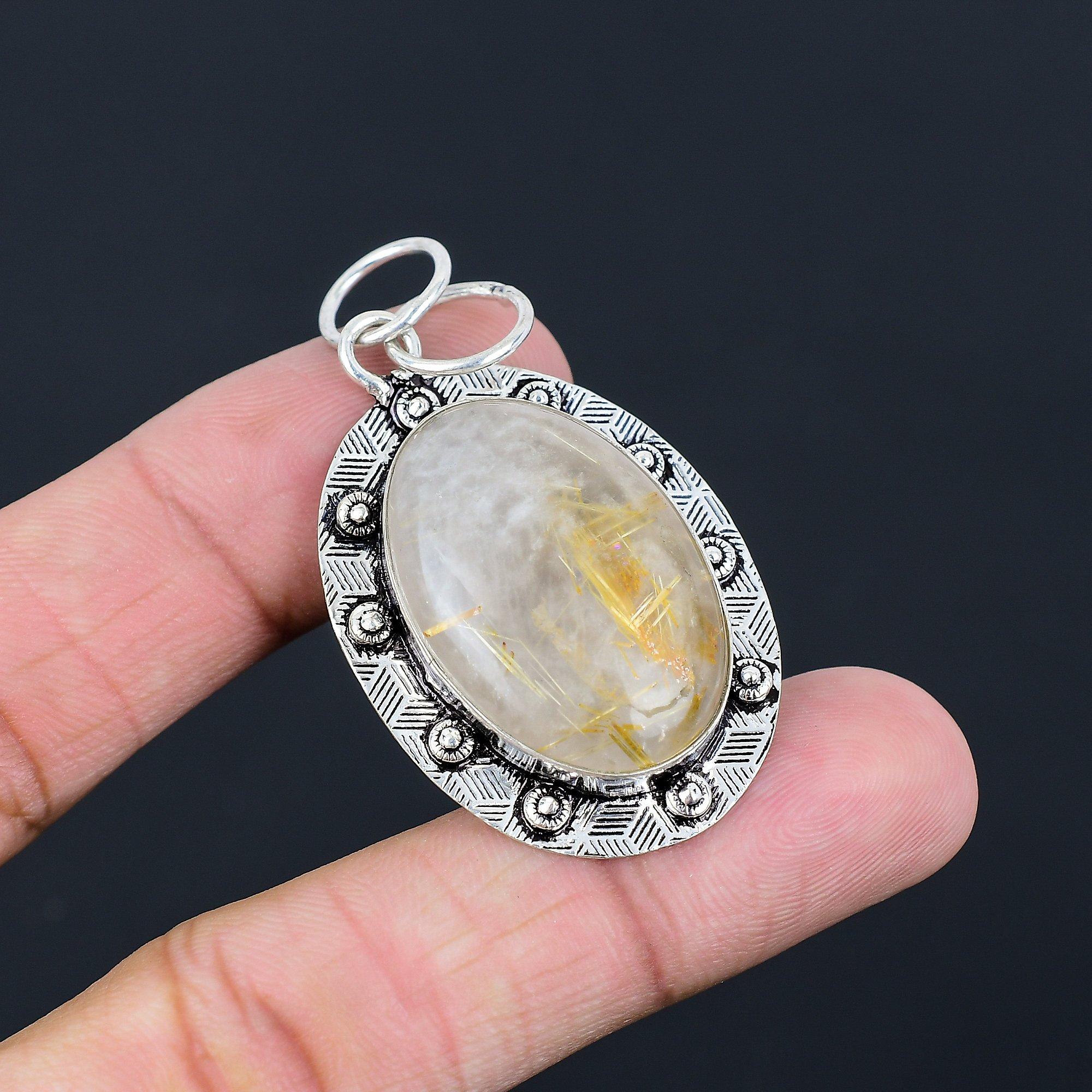 925 Silver Natural Golden Rutile Bezel Art Deco Birthday Sister Pendant Jewelry