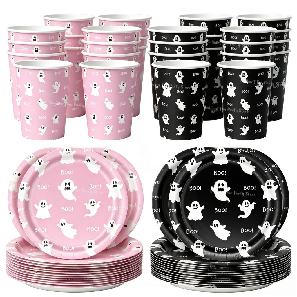Halloween Ghost Party Supplies Disposable Tableware Set Pink & Black 7inch Plates Paper Cups for Kids Girls Birthday Celebration