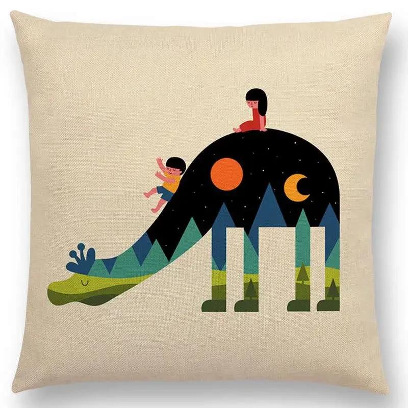 

Последний день ночь солнце луна ребенок с животными друзья волк медведь слон кролик подушка чехол для домашнего декора диван наволочка 66x66cm