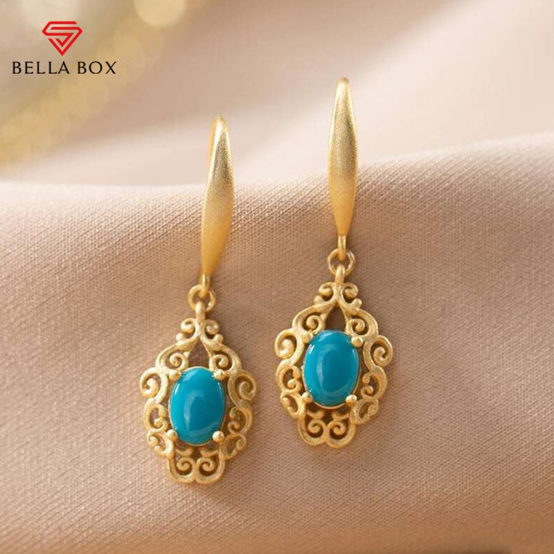 BELLA BOX New Vintage Hollow Flower Plated 24K Sand Gold Imitation Blue Turquoise Earrings Feminine Earrings