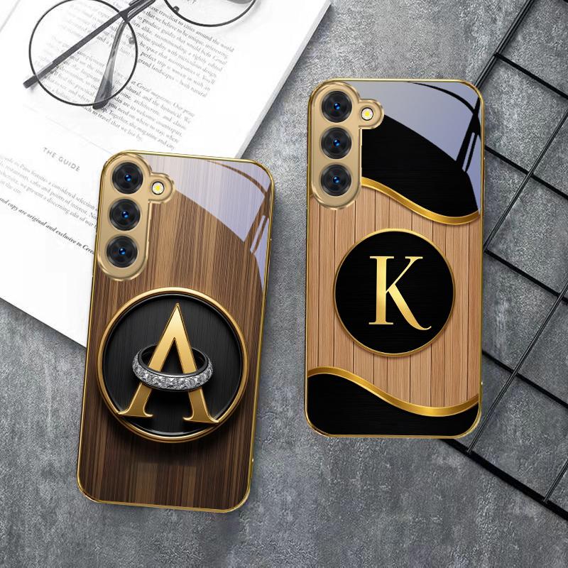 Luxurious Emblem Letters For Samsung Galaxy S26 S20 FE S21 S22 S23 Plus S24 Ultra S25Ultra S21+  S22Plus Golden Glass Phone Case