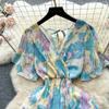 Women Chiffon Floral Long Dress Korean V-neck Short Sleeve A-line Party Dresses Summer Bohemian Style Beach Vestidos