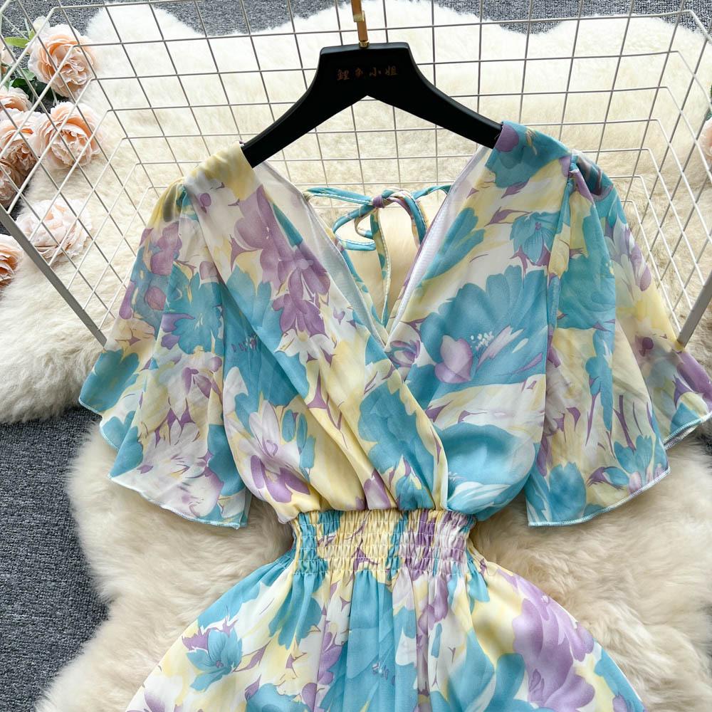 Women Chiffon Floral Long Dress Korean V-neck Short Sleeve A-line Party Dresses Summer Bohemian Style Beach Vestidos
