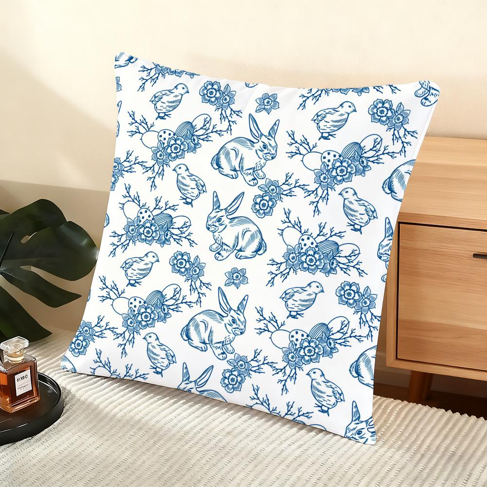 Blue Retro Flower Cushion Cover Soft Short Plush Pillow Cover Smooth Cozy Texture Aesthetic Cushion Case Home Decor