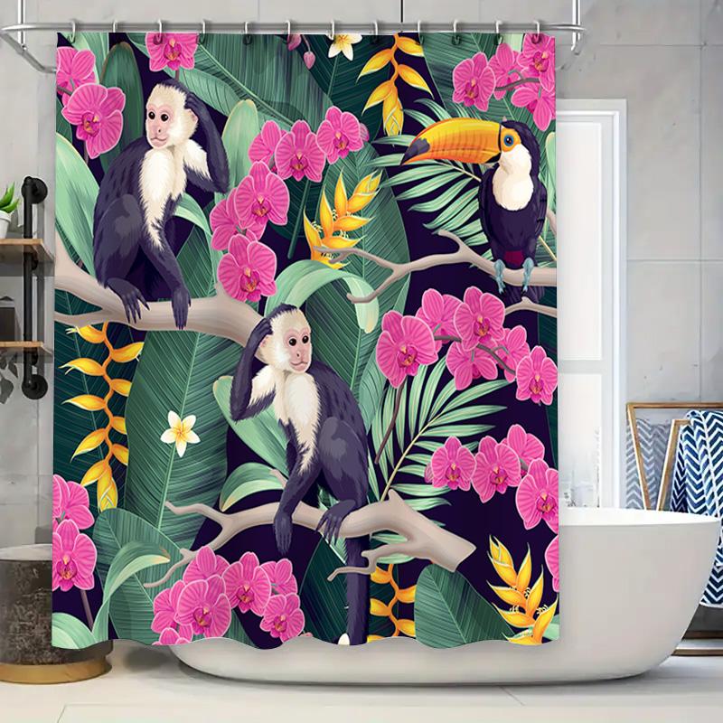 

Animal Flower Shower Curtain Monkeys Toucans Decorative Printed Fabric Bath Mat Pink Orchids Green Foliage Home Bathroom Accesso W60H190(CM)-1 Pcs