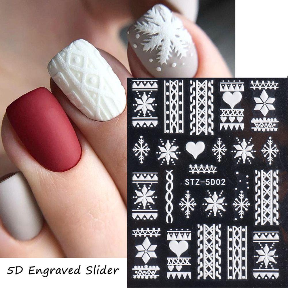 Art Decorations Charms Flower New Year Design White Nail Sticker Christmas Snowflakes 5D Embossed