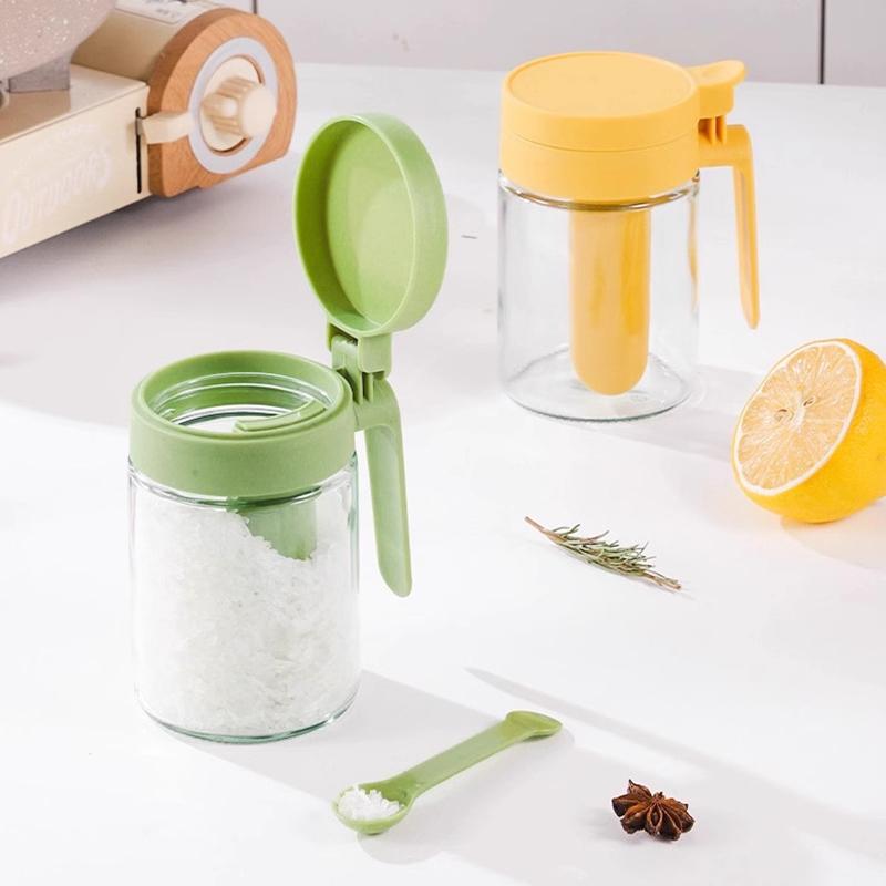 Food Grade Glass Spice Jar With Airtight Lid And Attached Spoon Perfect For Kitchen Cooking Baking Seasoning Storage