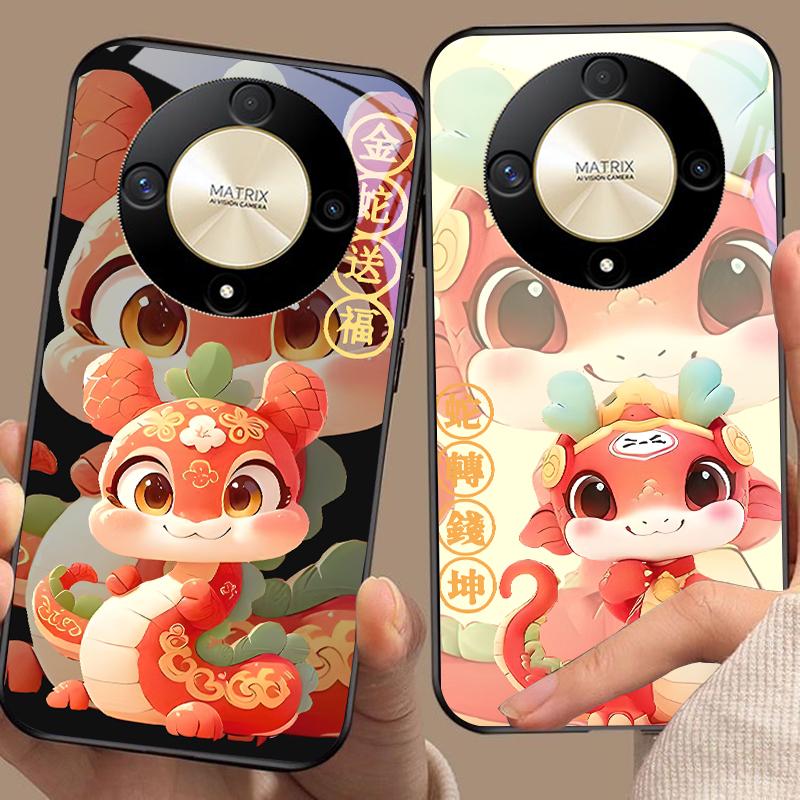 New Cartoon Snake For Honor Magic 6 50 70 90 Lite X7b 200 Pro Nova 10 Nova 5T X6 P30 Pura 70 Ultra Tempered Glass Phone Case