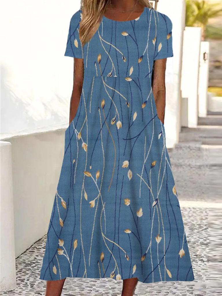 2023 Sommer Damen Casual Rundhals Bedrucktes Swingkleid mit mittlerer Taille