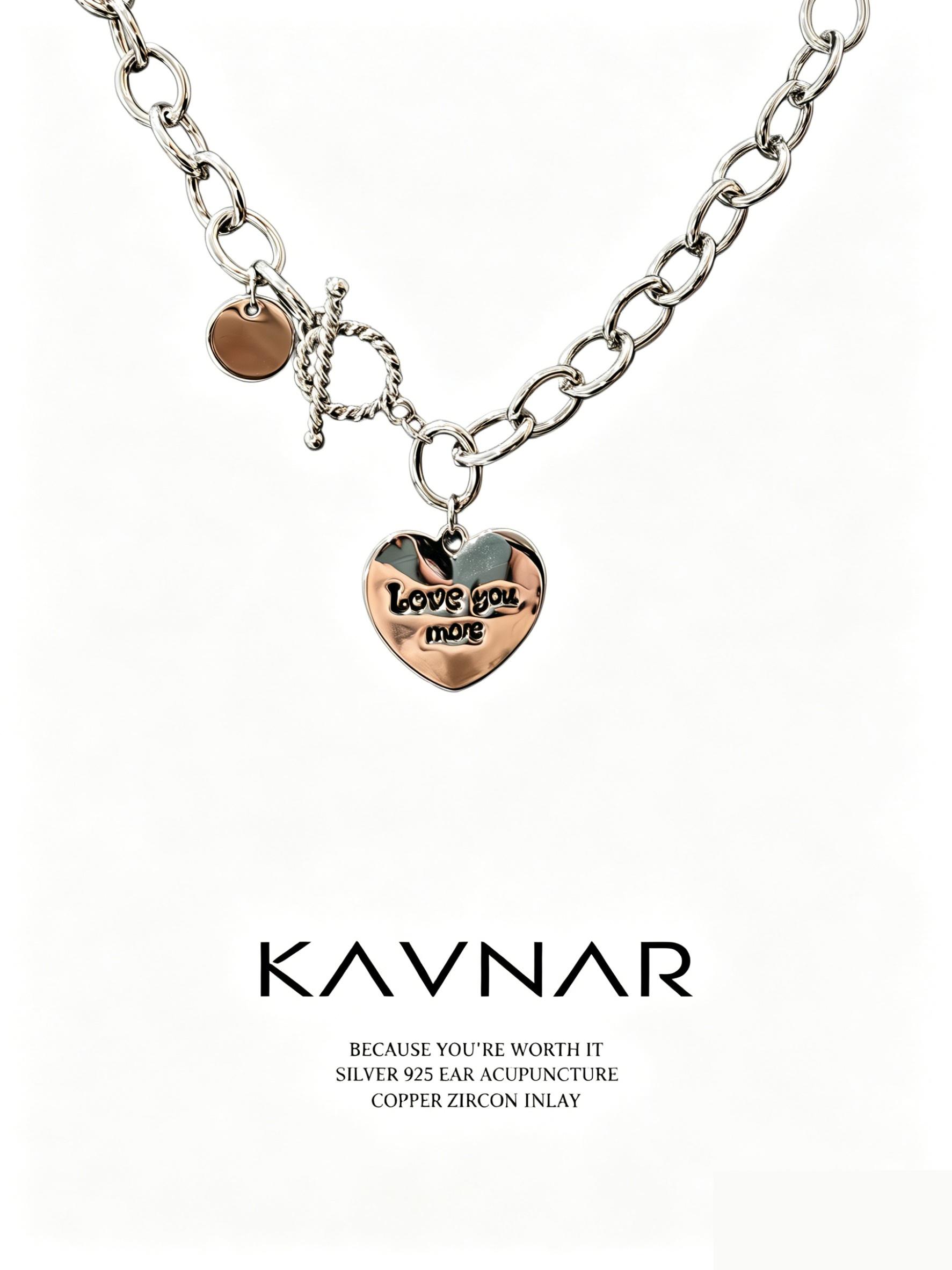 KAVNAR Hiphop Necklace Trendy Platinum Plated Chunky Chain With Heart Pendant for Women