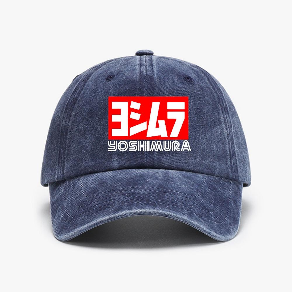 Yoshimura Motorcycle Racing Cap Adjustable Distressed Washed Baseball Hat with Bold Red White Logo Perfect for Sports Fans