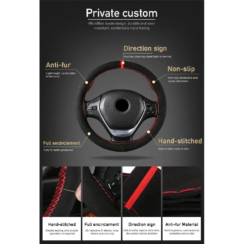 SEAMETAL Braid Steering Wheel Cover Premium Suede Anti Slip Breathable Steering Cover Anti Scratch 37-39CM Steer Wheel Protector