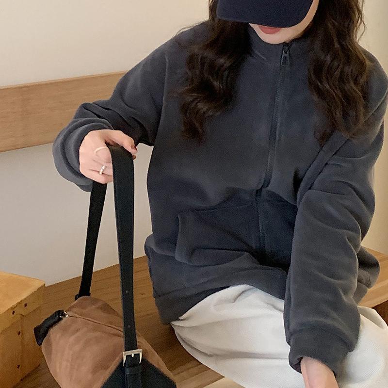 Herbst und Winter Verdickte Samt Thermojacke Damen Reißverschluss Strickjacke Polar Fleece Stehkragenschutz Koreanische Version Lässiges Oberteil