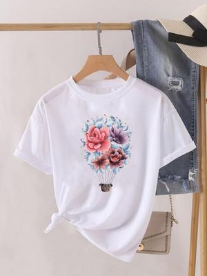 (Asian Size) Trend Flower Cute Printed Female Top Lady O-neck T Shirt Clothing Casual Fashion Women Graphic Tee Short Sleeve T-shirts