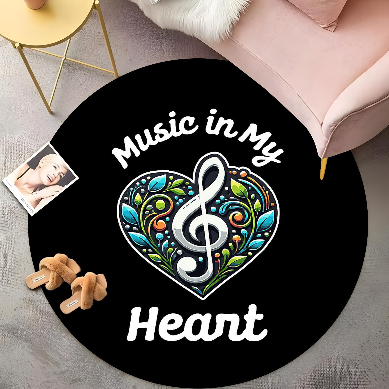 

Music in My Heart Round Rug - Colorful Treble Clef & Floral Heart Design,Bohemian Living Room Carpet,Non-Slip Artistic Floor Mat 60cm