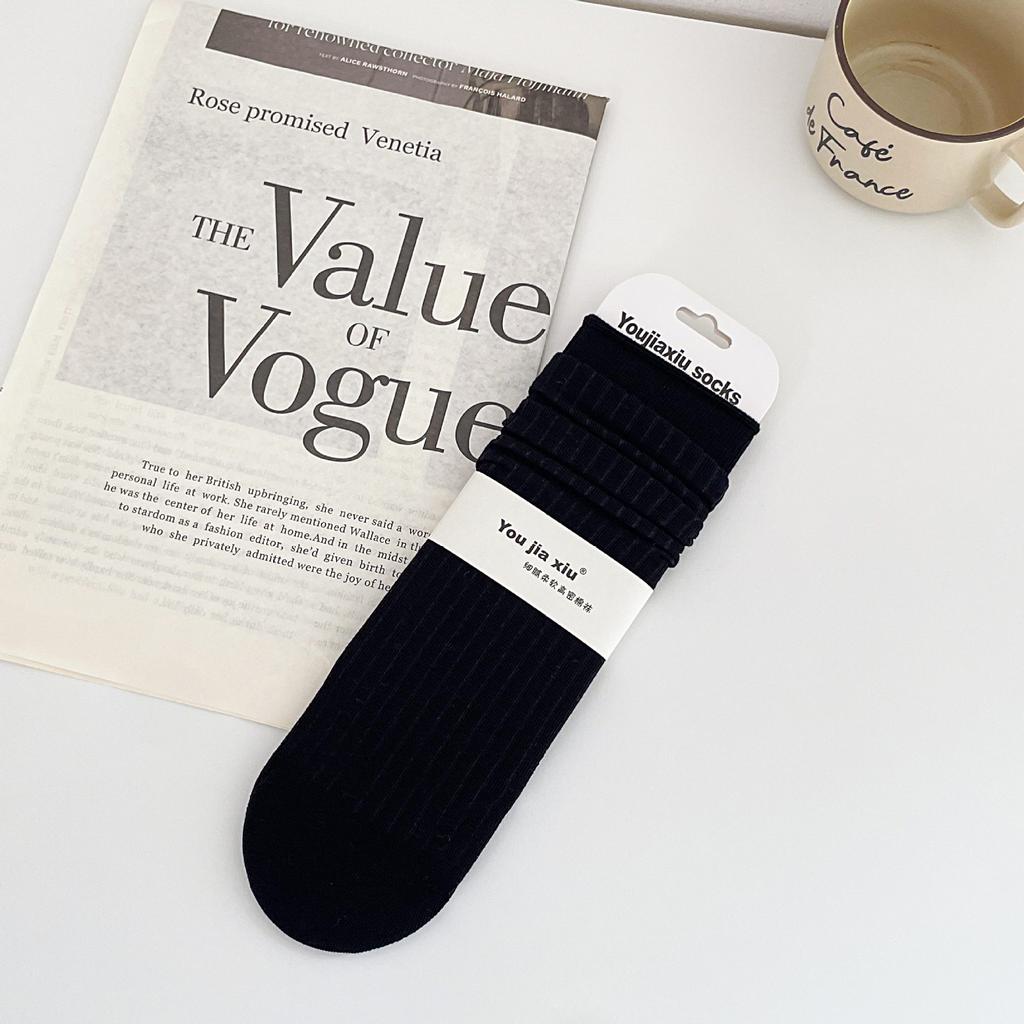 Boneless Solid Color Straight Socks Women'S Loose Cotton Stacked Socks Simple And Versatile Mid-Leg Socks