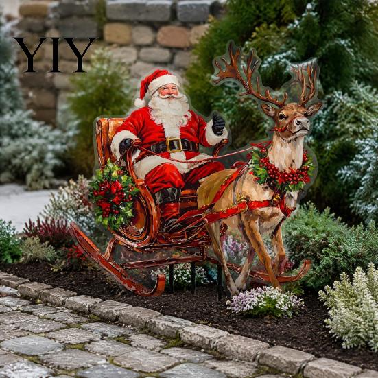 Christmas Garden Stakes Santa Claus Stake, Acrylic Yard Sign, Retro Style Outdoor Decor Reindeer Sleigh Ornament for Lawn Patio Planter Winter Accents