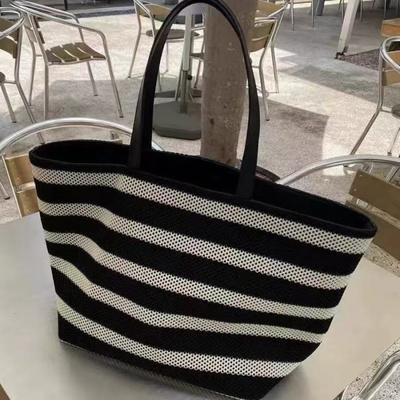 2025 Summer Black and White with Striped Tote Bag Large Capacity Shoulder Women's Bag Lazy Wind Light Vacation Bag Shopping Bag