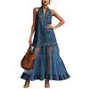 Women Halter Neck Denim Mesh Patchwork Maxi Dress Button Front Ruffle Hem Summer Dress