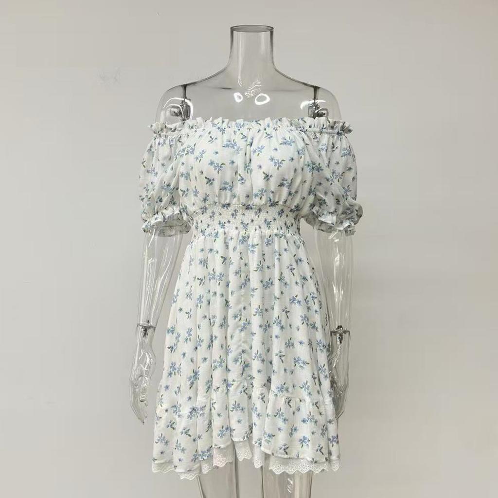 Spring and summer European and American fashion sexy babes bubble sleeves sweet print lace-up dress women's clothing