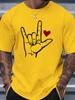 Love Sign Language Hand With Red Heart Graphic Unisexs Cotton Crew Neck Tee Short Sleeve Loose Simple Casual Street Male Wear Top
