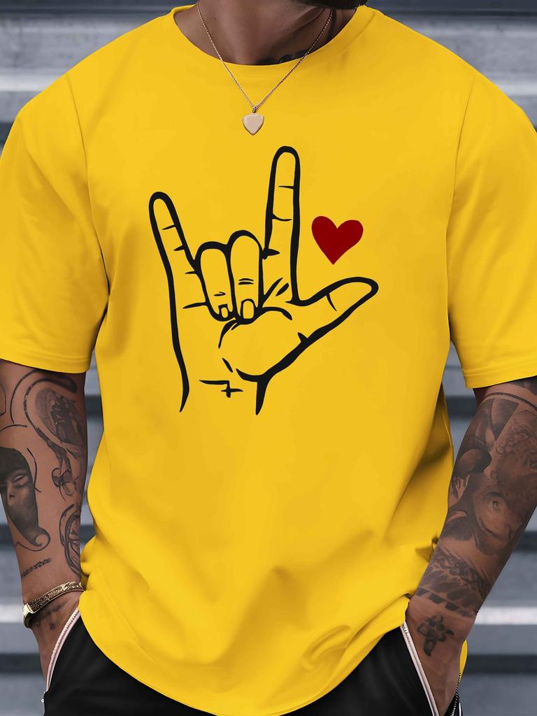 Love Sign Language Hand With Red Heart Graphic Unisexs Cotton Crew Neck Tee Short Sleeve Loose Simple Casual Street Male Wear Top