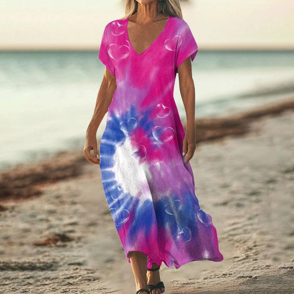 Fashion Women's Summer V-neck Short Sleeve Tie- Retro Print Beach Dress