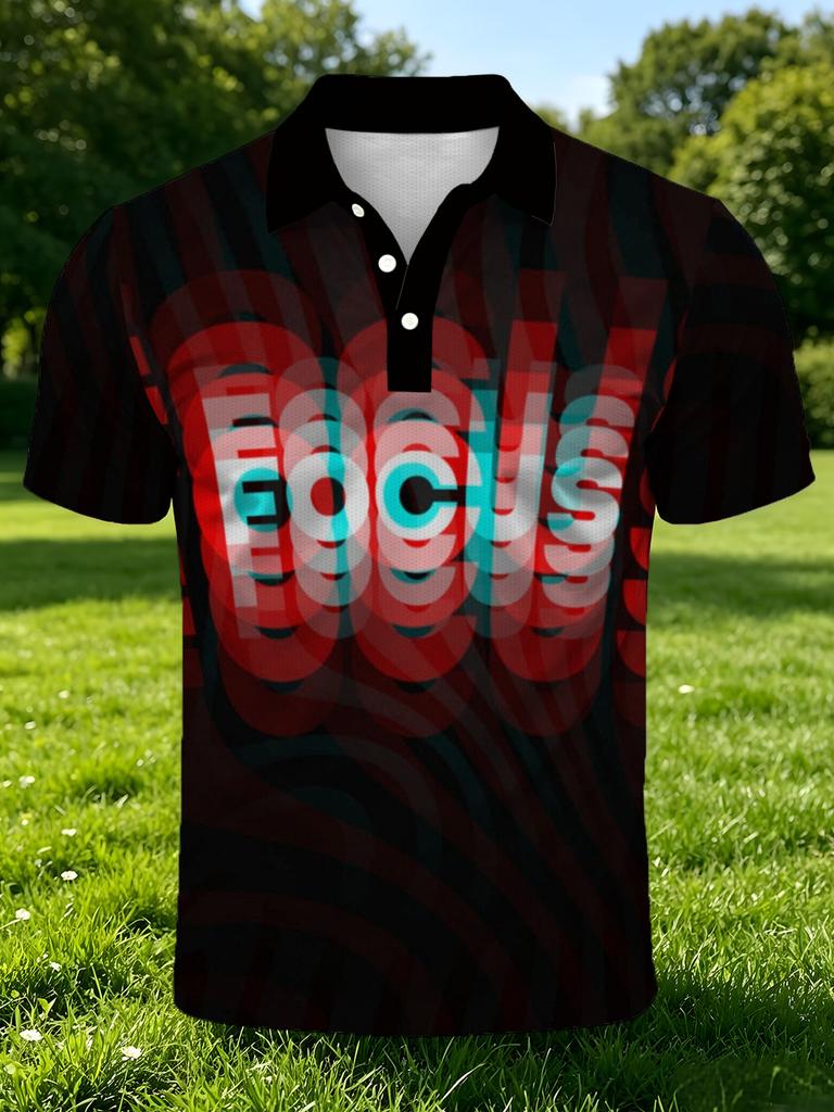 Men's Short-Sleeve Polo Shirt, Available in Multiple Sizes. Features a Button- Collar with an Overlay "FOCUS" Letter Print on a Black Base. A Casual