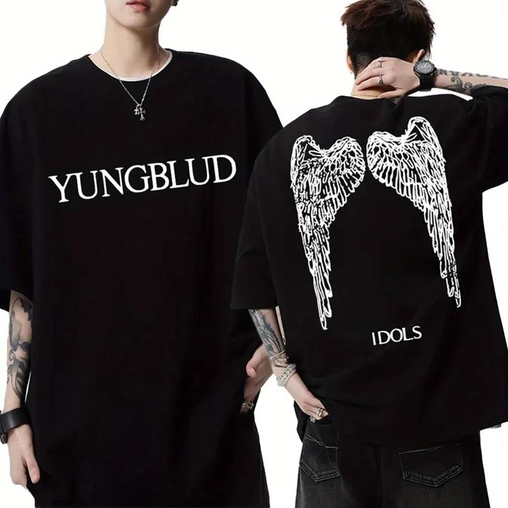 

YUNGBLUD Retro Streetwear Double-Sided Print T-Shirt - Punk Rock Angel Wings & Skull Design Black Cotton Men s Women T Shirts XL