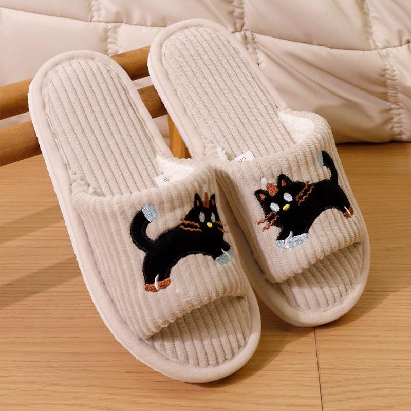 Cartoon Embroidery Cat Women's Slippers Spring Autumn Funny Flat Heel Corduroy Slides Woman Indoor Non Slip Home Cotton Slippers