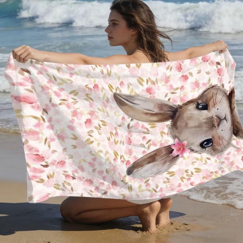 Süßes Blumen-Häschen-Print Strandtuch Schnelltrocknend Sandfrei Saugfähig Leichtes Handtuch für Sommerstrand Schwimmen Reisen Camping