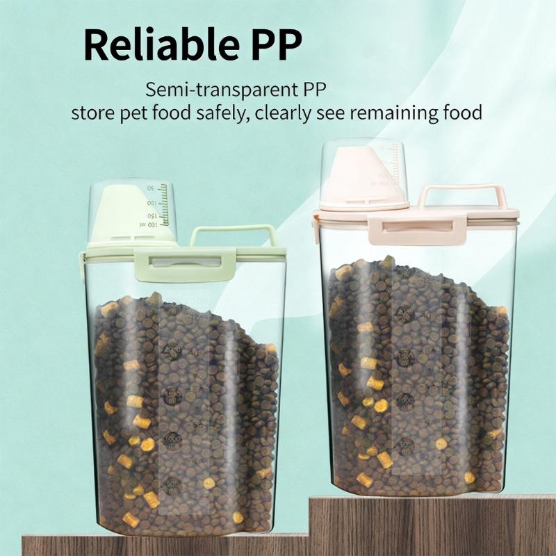 Transparent Plastic Pet Food Storage Box With Measuring Cup And Secure Handles Great For Travel and Home Indoor Use