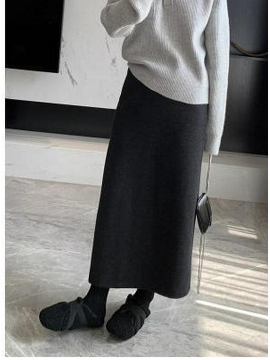 

Dark Grey Faux Wool Blend A-Line Skirt - Mid-Length, Elastic High Waist, 2025 Autumn/Winter Collection L темно серый