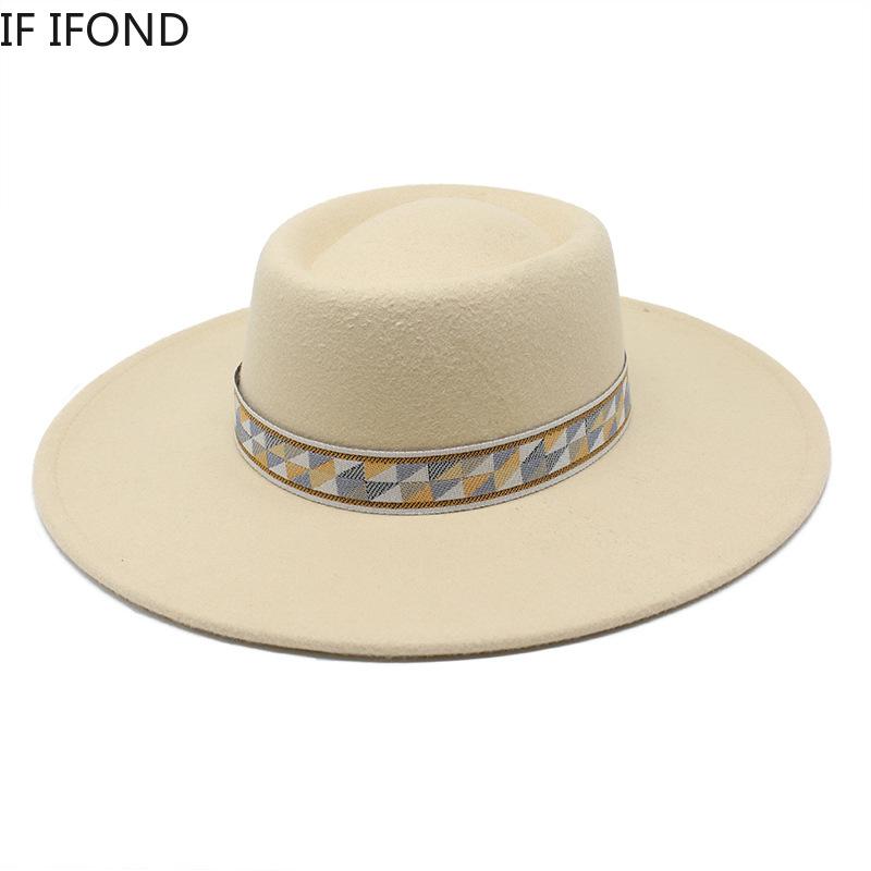 Autumn Winter Wool Felt Fedoras Hat 9.5CM Wide Brim Jazz Hats For Women British Style Flat bowler Church Dress Hats