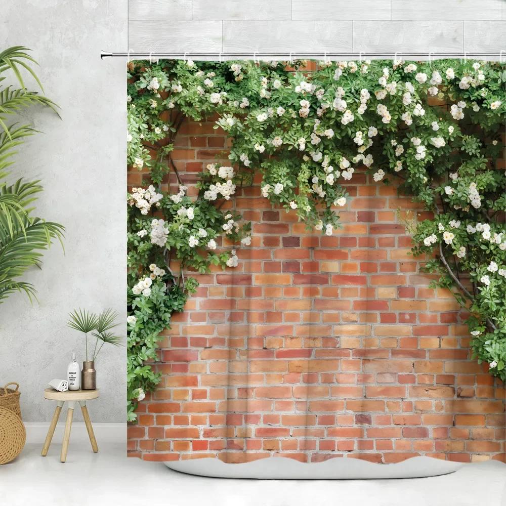 Brick Wall Shower Curtain Vintage Vines Spring Greenery Nature Scenery Leave Farm Flower Polyester Fabric Bathroom Decor Curtain