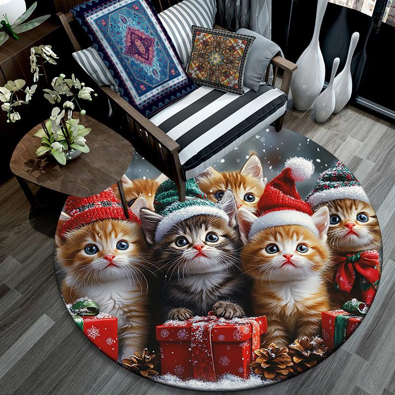 Christmas Kittens Round Area Rug,Carpet Rug for Living Room Bedroom Sofa Playroom Decor,Non-slip Floor Mat